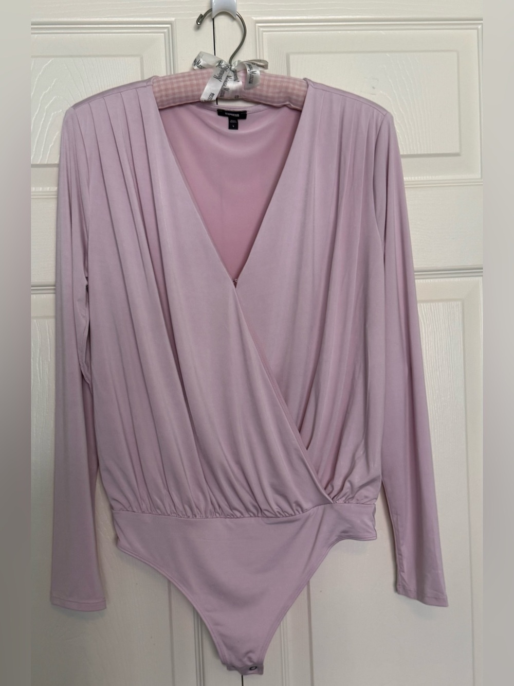 Express Long Sleeve Surplice Wrap Front Bodysuit in Pink - Size S